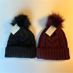 Cozy Black and Burgundy Pom-Pom Beanie Set